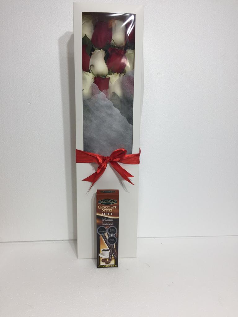 Caja con 12 Rosas y Palitos de Chocolate de 75 Gramos
